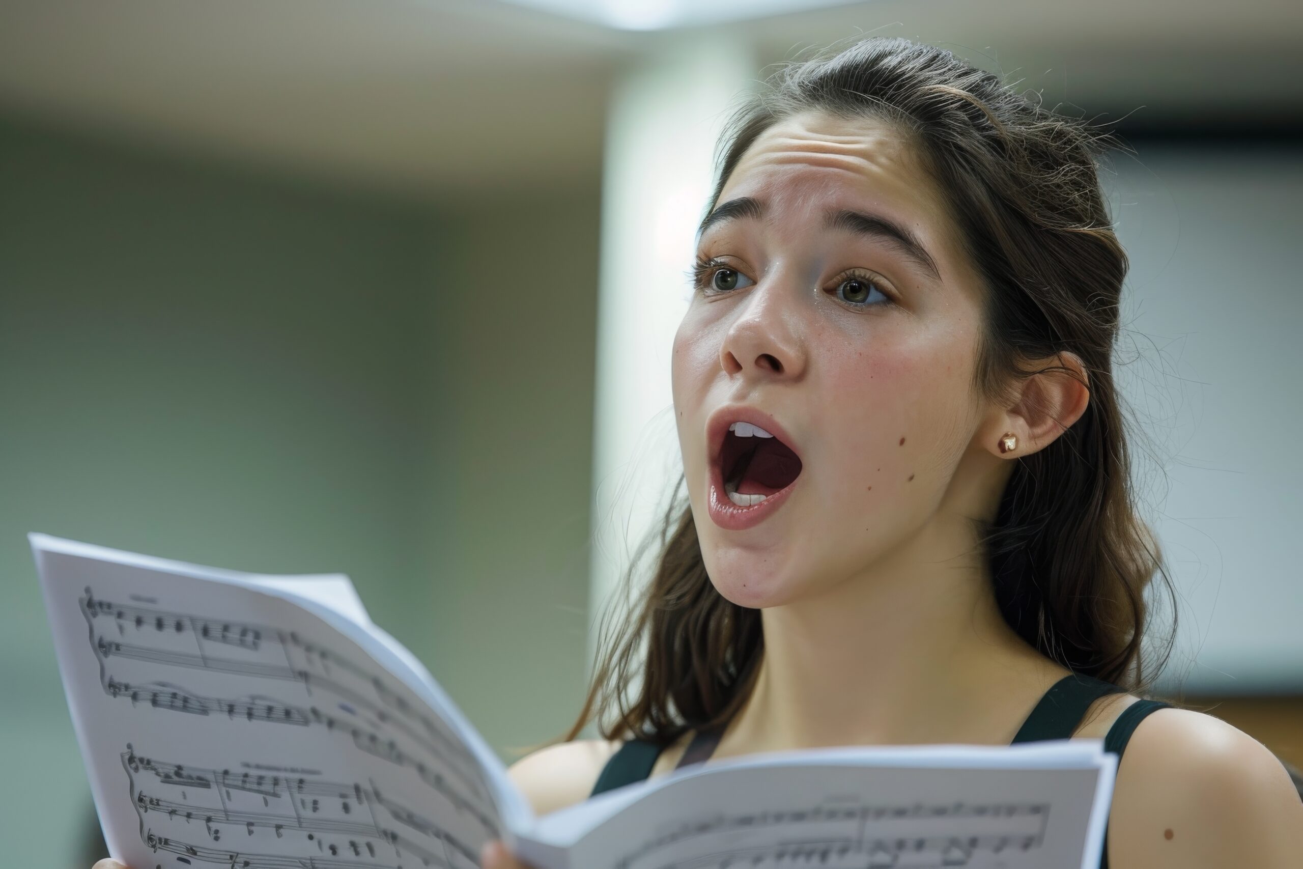 Vivid image captures a passionate young soprano practicing her singing with sheet music